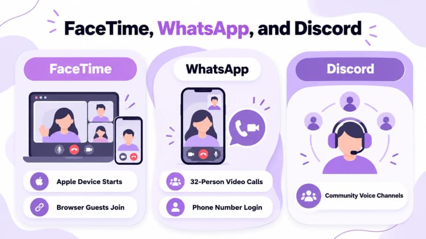 三个应用程序卡:FaceTime(从 Apple 设备启动并通过浏览器来宾加入)、WhatsApp(可进行 32 人视频通话和电话号码登录)以及 Discord(具有社区语音频道)