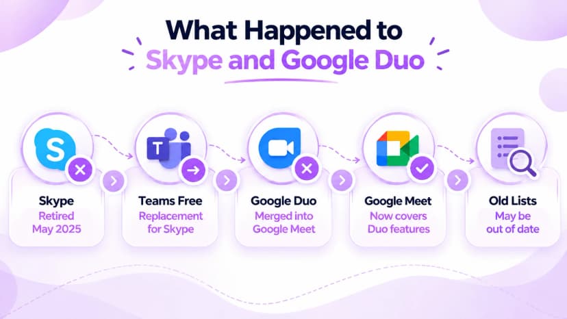 流程从 Skype(于 2025 年 5 月退役)到 Teams Free 作为其替代品,以及从 Google Duo 合并到 Google Meet,并注明旧列表可能已过时